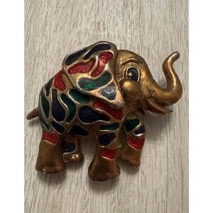 Vintage Elephant Brooch Pin Multi Color Enamel On Brass 2”x1.5”